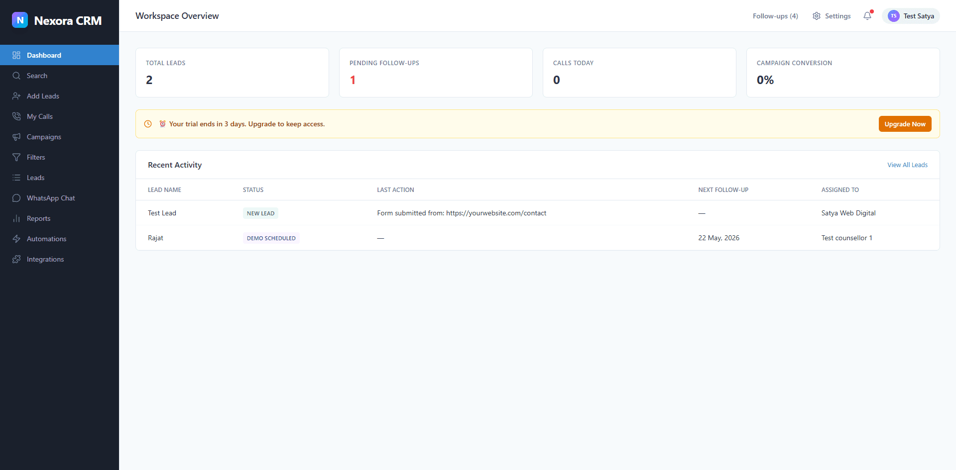Nexora CRM – dashboard