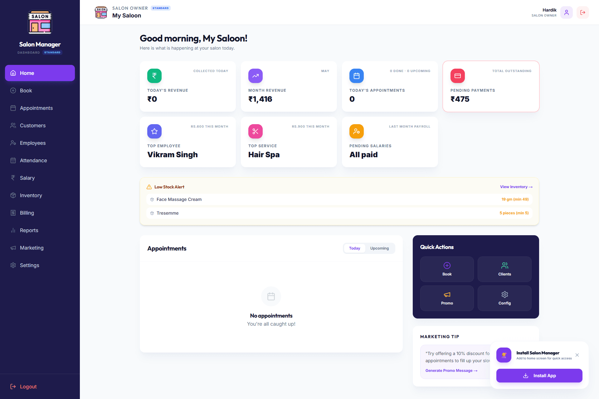 Salon Manager – dashboard overview